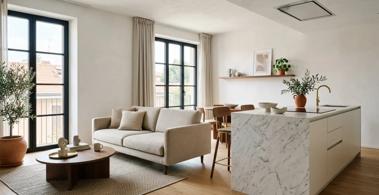 Vista panoramica di un open space moderno con cucina a isola e zona living integrata