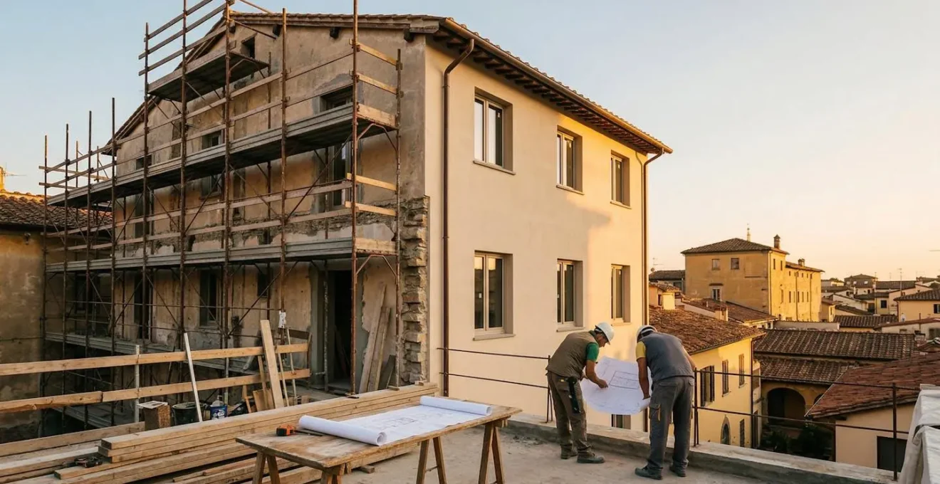 Cantiere di ristrutturazione moderno con operai che lavorano su un immobile italiano, mostrando il potenziale di aumento del valore