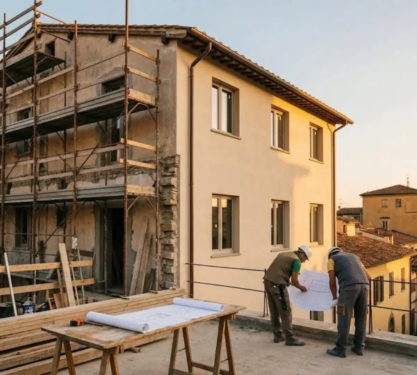Cantiere di ristrutturazione moderno con operai che lavorano su un immobile italiano, mostrando il potenziale di aumento del valore