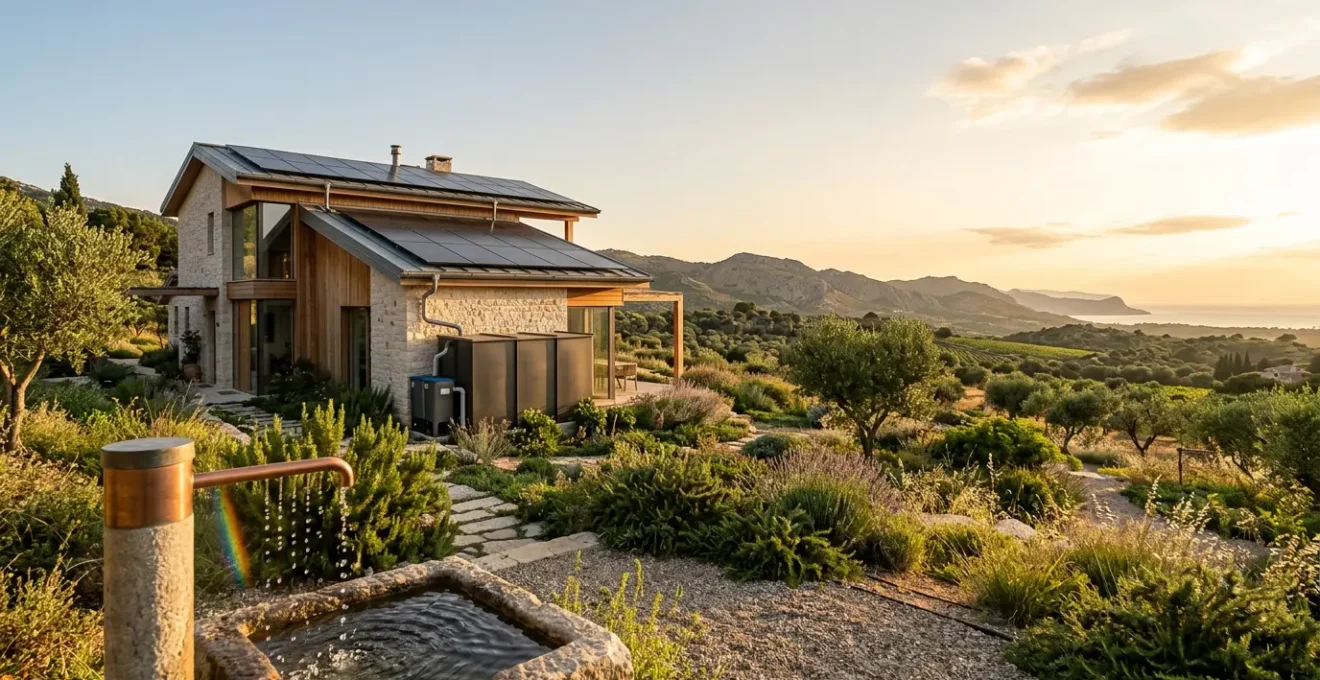 Casa moderna con sistemi di raccolta acqua piovana e rubinetterie efficienti per il risparmio idrico