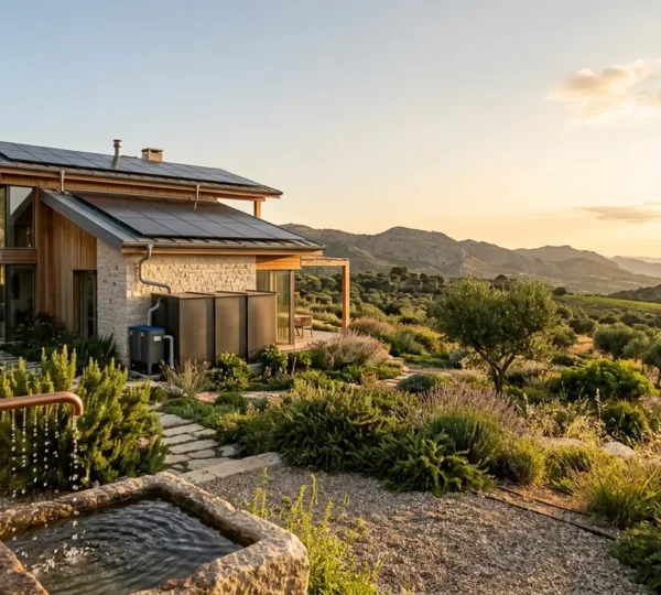 Casa moderna con sistemi di raccolta acqua piovana e rubinetterie efficienti per il risparmio idrico