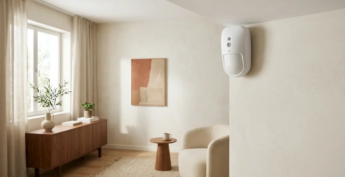 Sensore di sicurezza a doppia tecnologia installato nell'angolo di un soggiorno moderno italiano