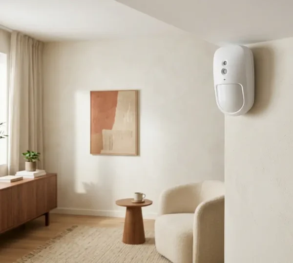 Sensore di sicurezza a doppia tecnologia installato nell'angolo di un soggiorno moderno italiano