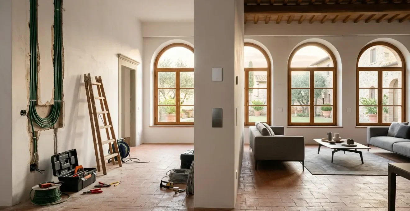 Confronto visivo tra un sistema domotico cablato KNX professionale e dispositivi wireless in un elegante interno italiano durante la ristrutturazione