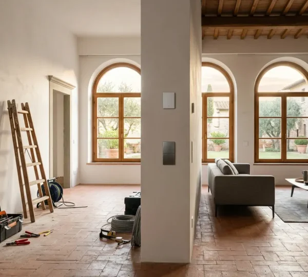 Confronto visivo tra un sistema domotico cablato KNX professionale e dispositivi wireless in un elegante interno italiano durante la ristrutturazione