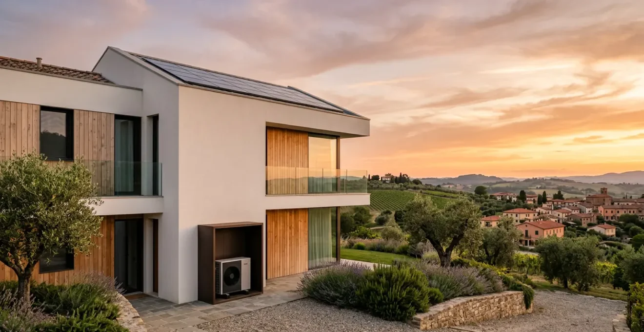Vista di una moderna casa italiana con sistema ibrido di riscaldamento, mostrando l'unità esterna della pompa di calore e il comfort interno