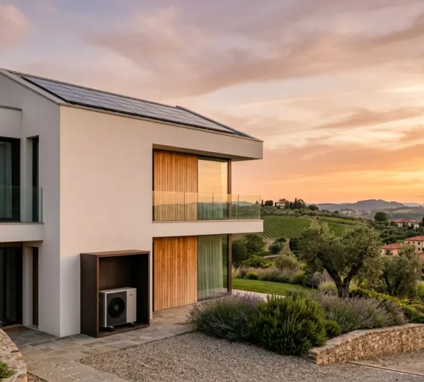 Vista di una moderna casa italiana con sistema ibrido di riscaldamento, mostrando l'unità esterna della pompa di calore e il comfort interno