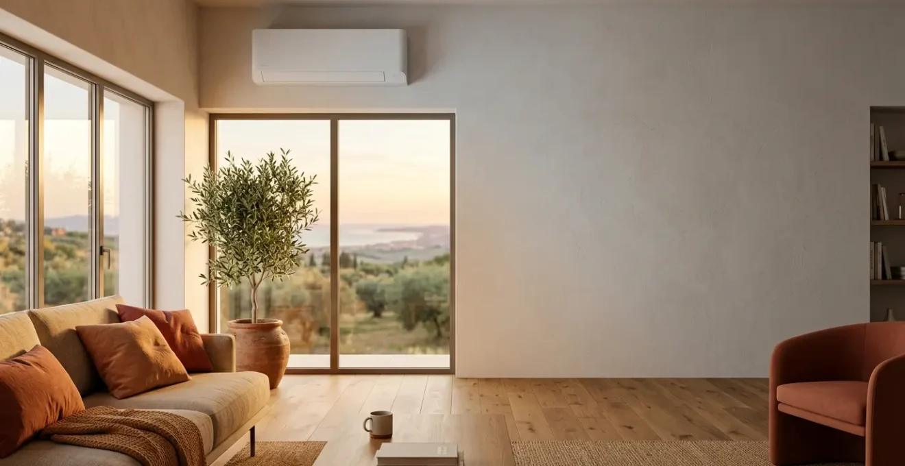 Vista ravvicinata di un moderno climatizzatore inverter con design elegante in un ambiente domestico italiano