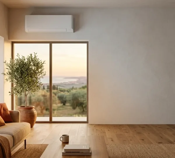 Vista ravvicinata di un moderno climatizzatore inverter con design elegante in un ambiente domestico italiano