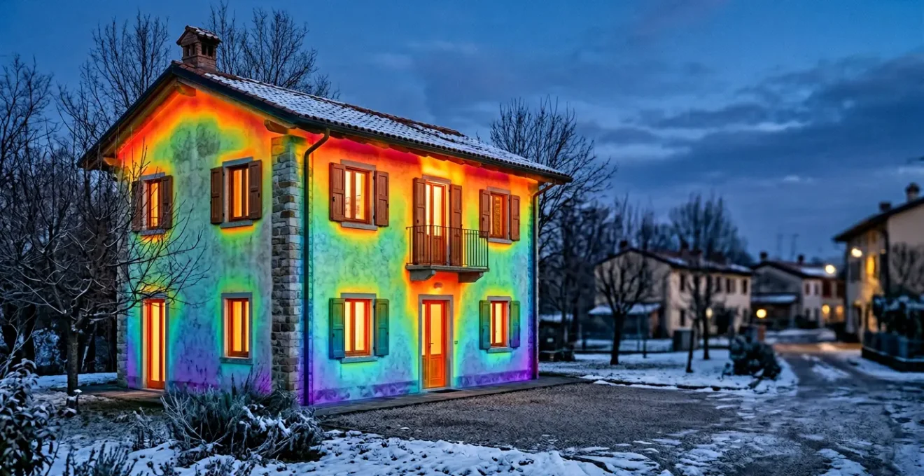 Vista termografica di una casa italiana che mostra le dispersioni di calore attraverso finestre e pareti