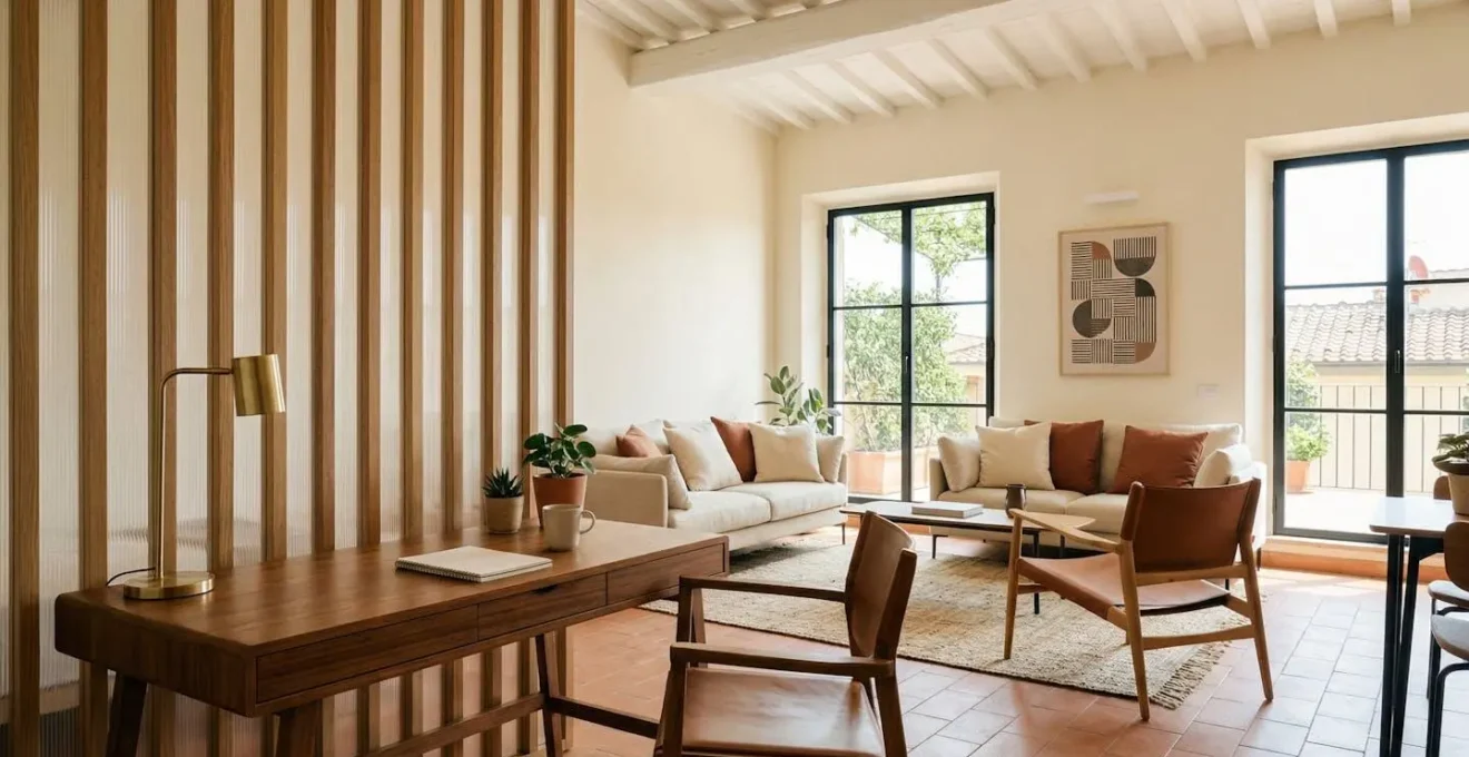 Angolo ufficio moderno integrato in soggiorno italiano con scrivania in legno e divisori leggeri