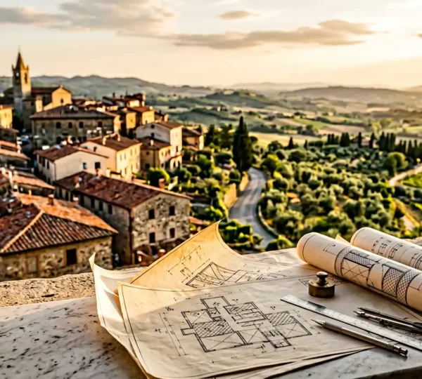 Vista aerea di una casa italiana con documenti tecnici e mappe catastali in primo piano