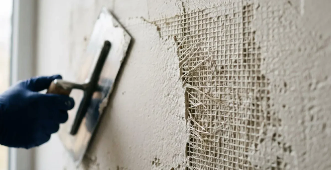 Dettaglio macro dell'applicazione della rete in fibra di vetro nell'intonaco fresco con una spatola.