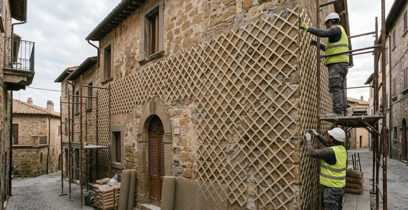 Operai specializzati applicano una rete in fibra di vetro su una parete esterna per un intervento di rinforzo strutturale con intonaco armato CRM.