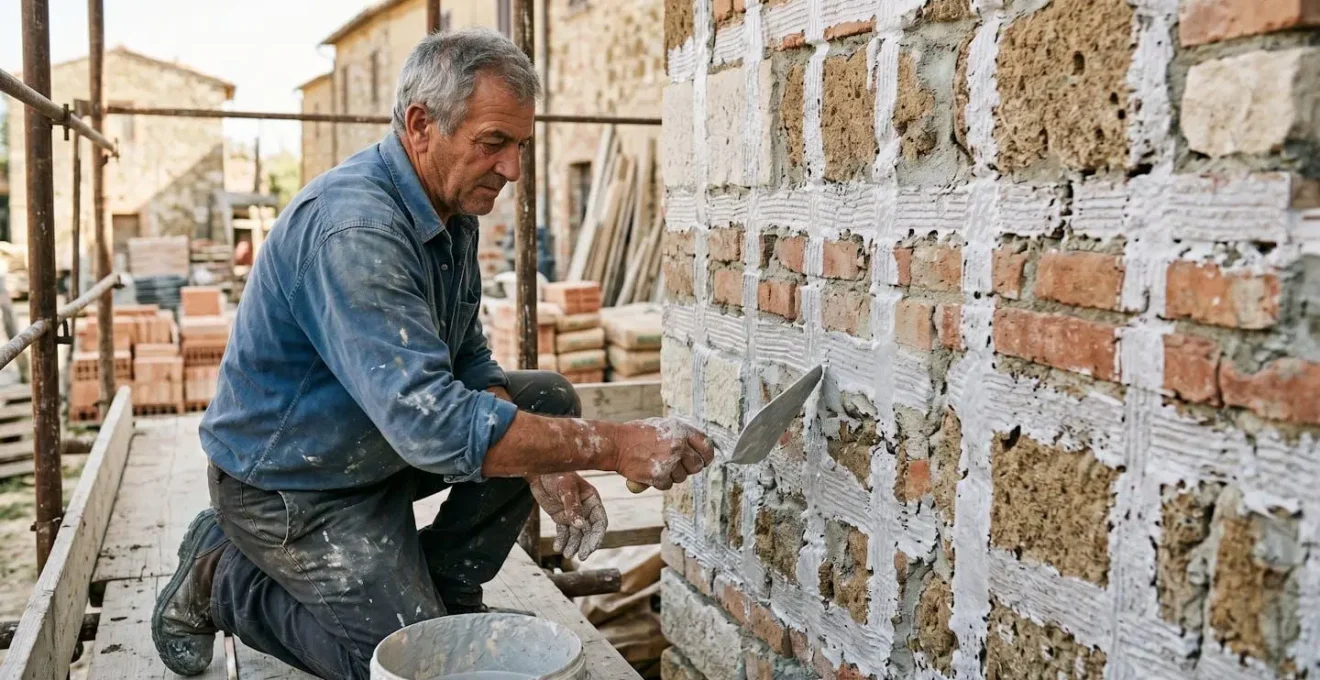 Applicazione professionale del rinzaffo antisale su muratura mista italiana