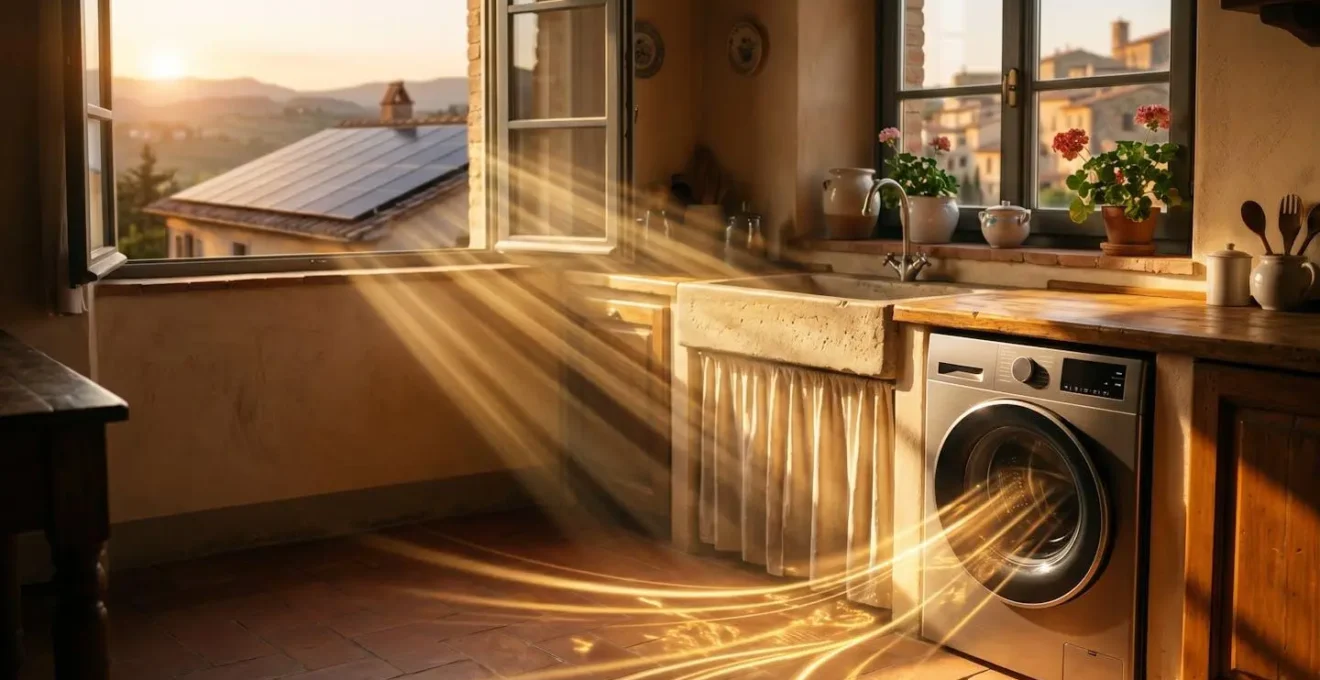 Lavatrice moderna in cucina illuminata dal sole con pannelli fotovoltaici visibili dalla finestra