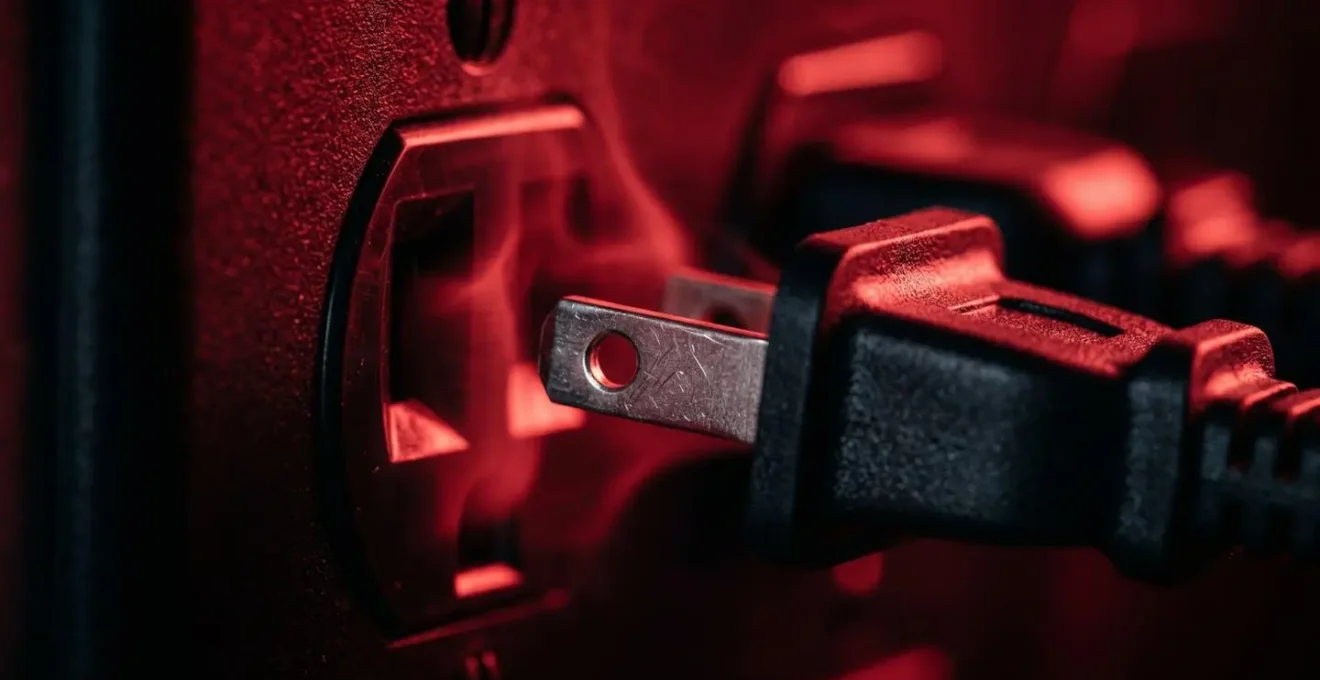 Vista macro ravvicinata di spine e prese elettriche con alone rosso simbolico che rappresenta il consumo vampiro