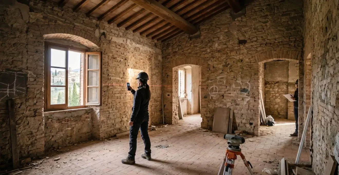 Geometra che misura superfici murarie in cantiere con strumenti di precisione