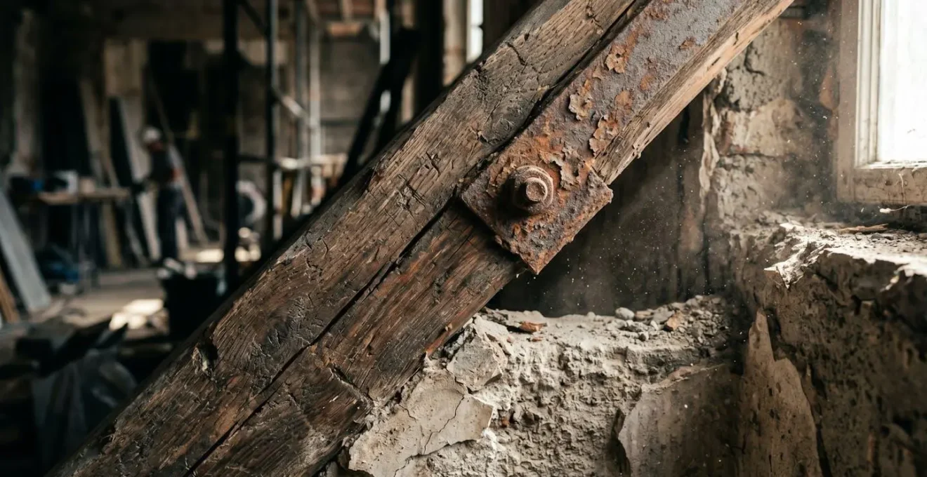 Cantiere di ristrutturazione con elementi strutturali esposti durante i lavori