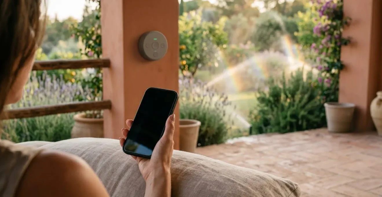 Primo piano di una mano che controlla l'irrigazione del giardino tramite smartphone con centralina smart visibile in background