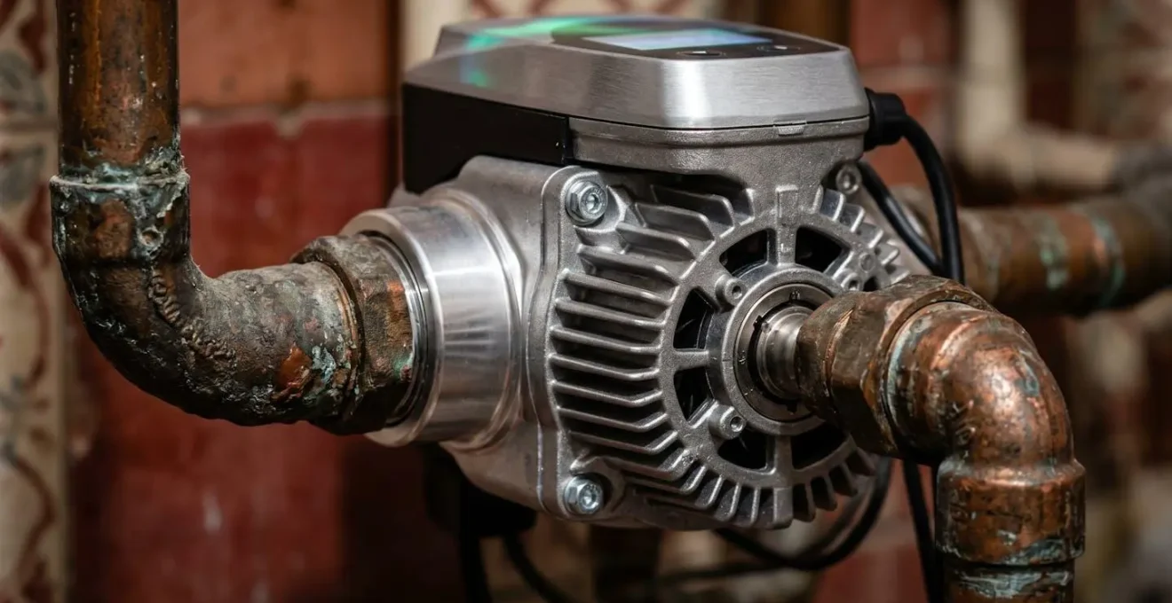 Dettaglio macro di un circolatore caldaia moderno con focus sulla tecnologia a risparmio energetico