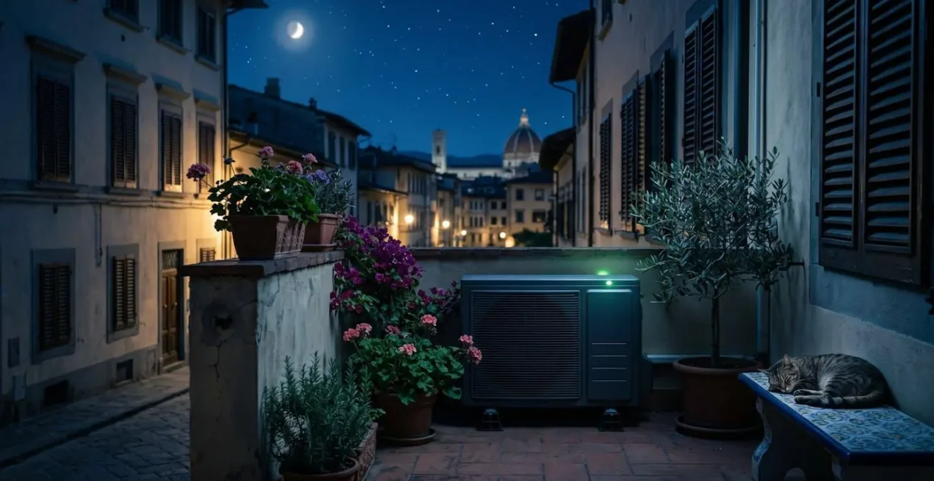 Unità esterna di climatizzatore inverter installata su balcone italiano di notte con ambiente urbano silenzioso