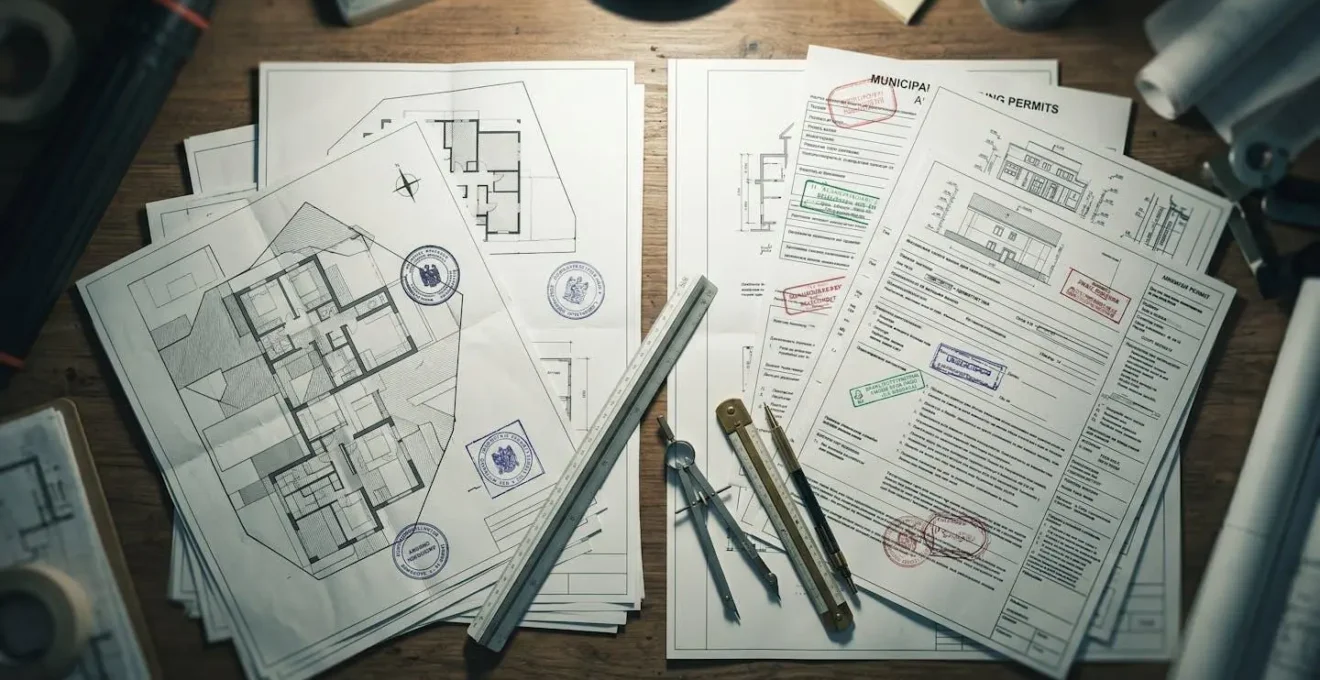 Confronto visivo tra documenti catastali e pratiche edilizie comunali su una scrivania di un tecnico
