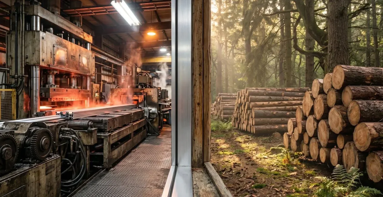 Composizione simbolica che mostra il contrasto tra l'impatto ambientale dell'alluminio e del legno