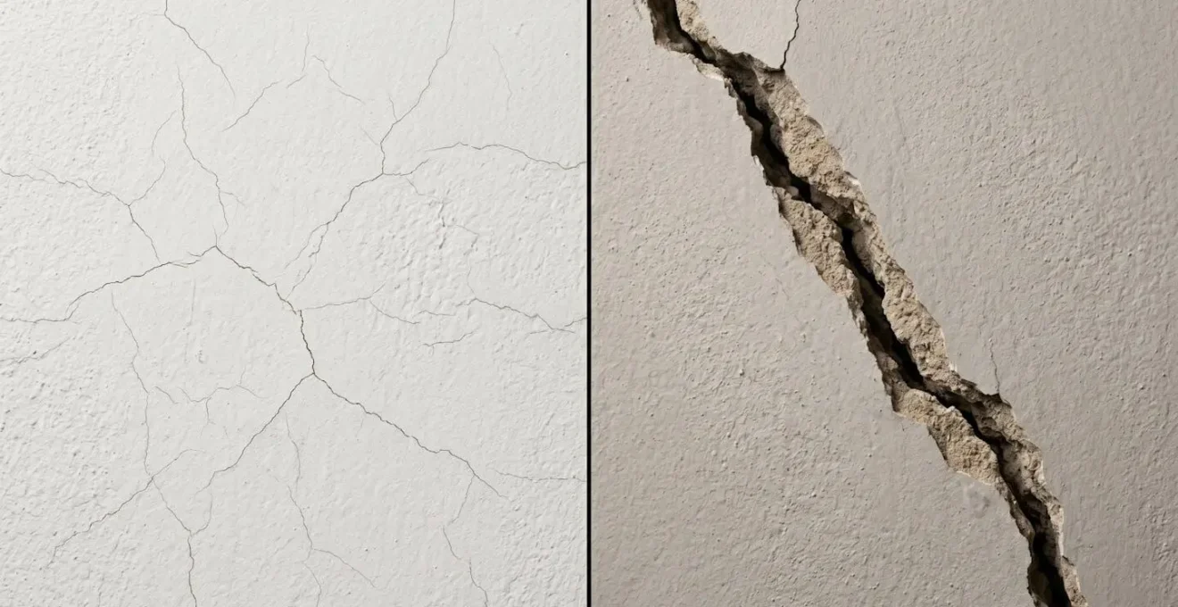 Confronto visivo tra micro-fessure superficiali a ragnatela e una profonda crepa strutturale diagonale su una parete.