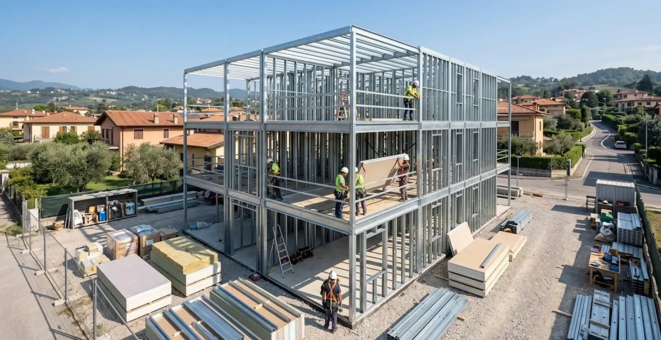 Cantiere moderno italiano con sistema costruttivo a secco in acciaio leggero