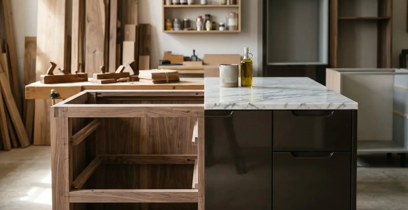 Cucina su misura con top in marmo e ante laccate realizzata da falegname italiano