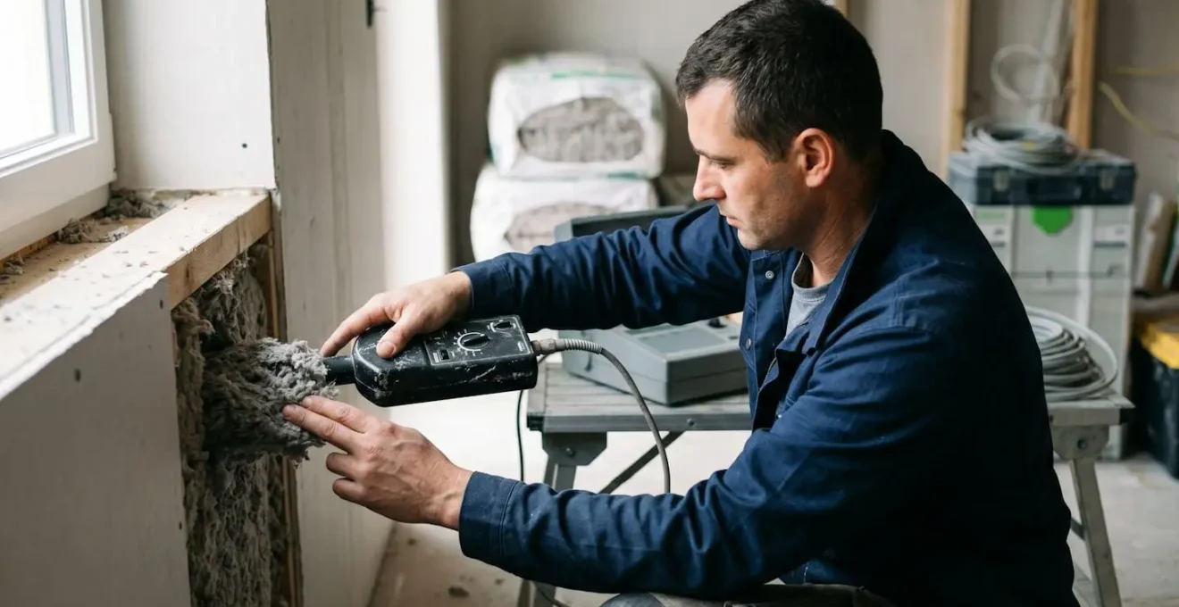 Tecnico certificato esegue controllo densità materiale insufflato con strumentazione professionale