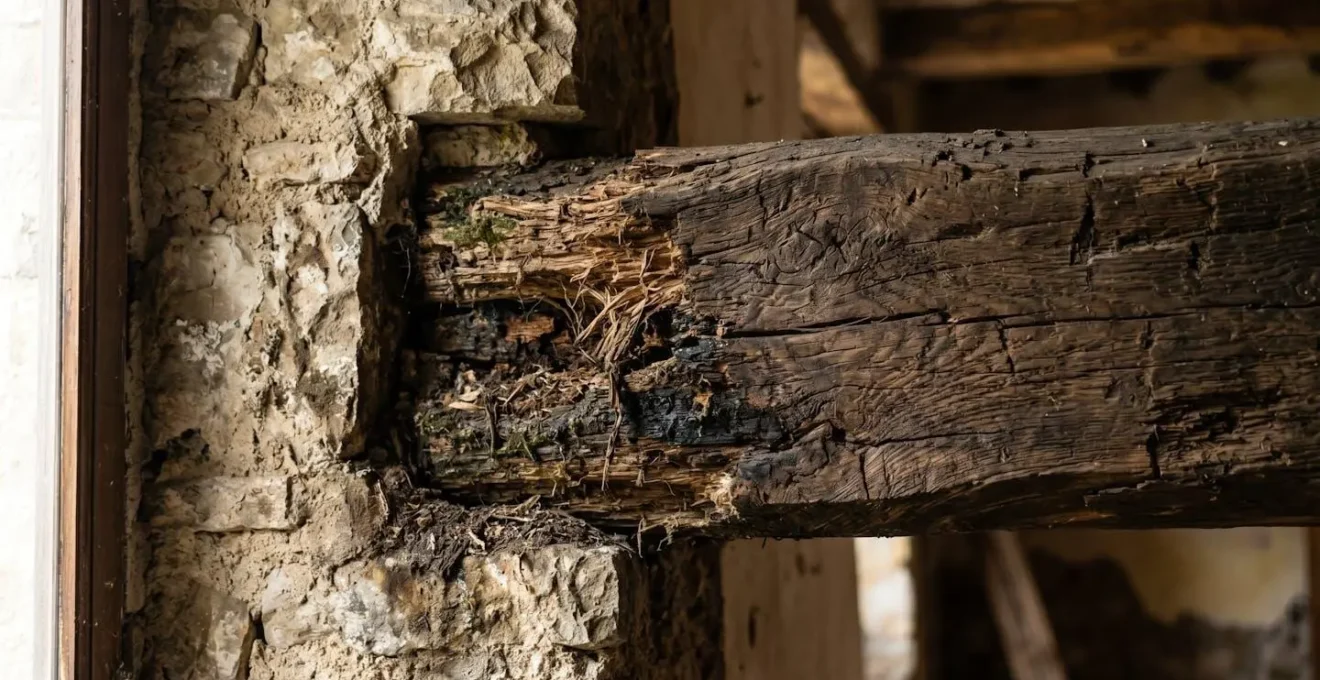 Ispezione tecnica di un solaio in legno in un rustico toscano che rivela problemi strutturali nascosti