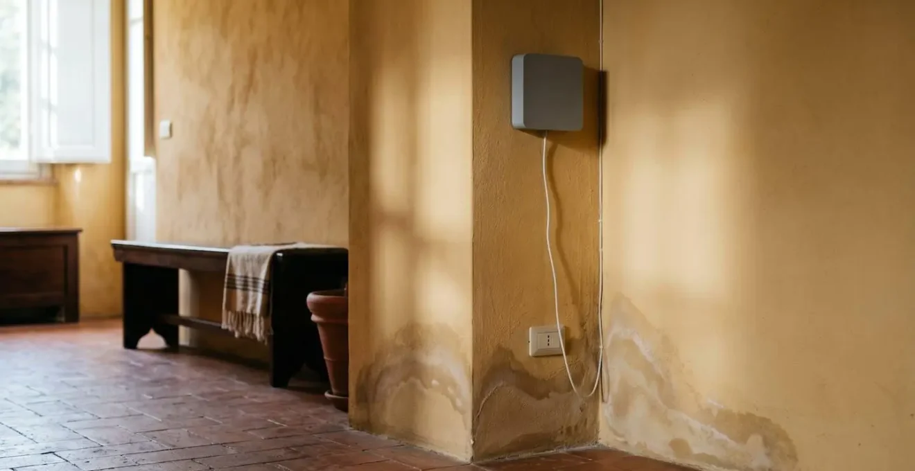 Dispositivo elettronico anti-umidità montato su parete che mostra la sua presenza nonostante le macchie di umidità sottostanti