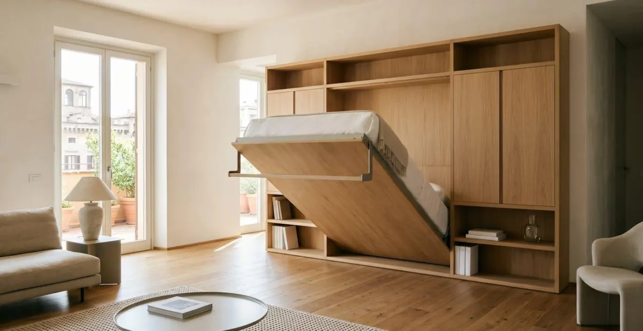Sistema letto a scomparsa verticale integrato in parete attrezzata italiana