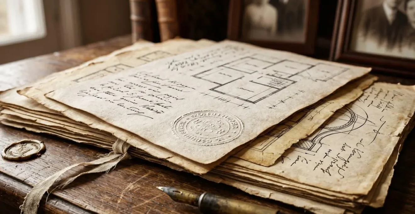Documenti ereditari e planimetrie catastali su scrivania antica italiana