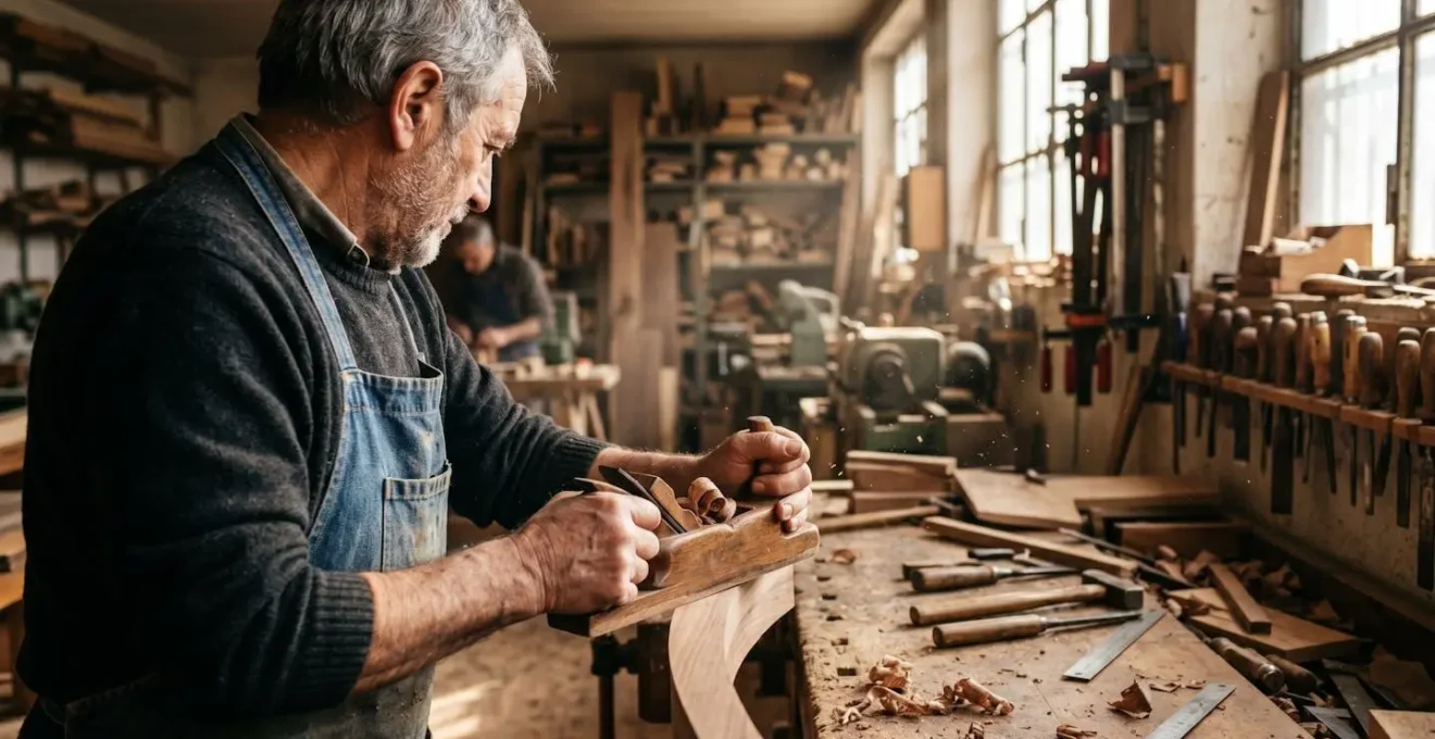 Artigiano italiano al lavoro nel suo laboratorio di falegnameria in Brianza