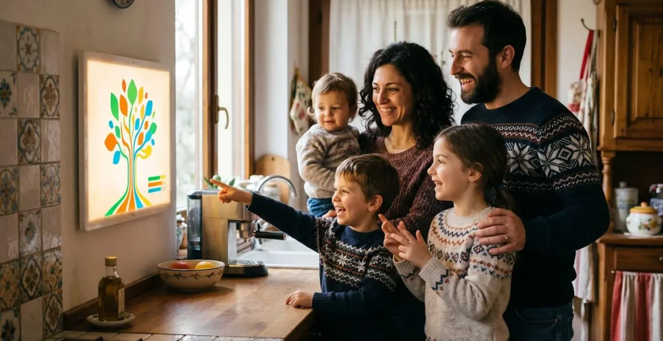 Bambini italiani che guardano entusiasti un display colorato con grafici energetici mentre i genitori sorridono
