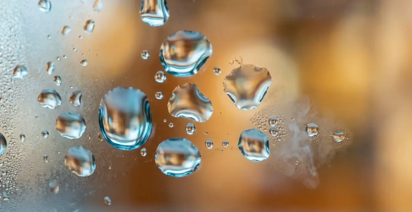 Dettaglio macro di gocce d'acqua su superficie con effetto di evaporazione