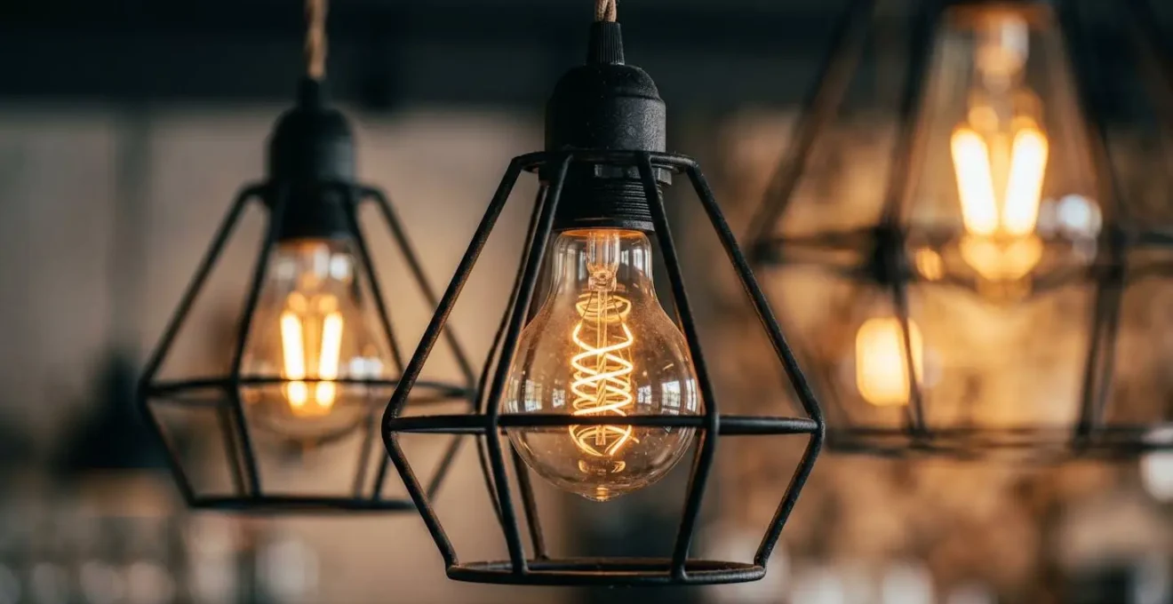 Sistema di illuminazione industriale con lampade a filamento e sospensioni metalliche