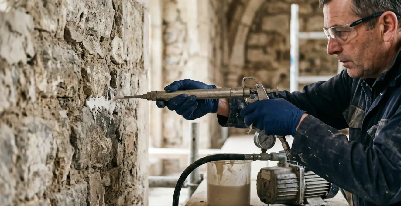 Operatore che esegue iniezione di boiacca di calce in muratura storica con strumentazione professionale