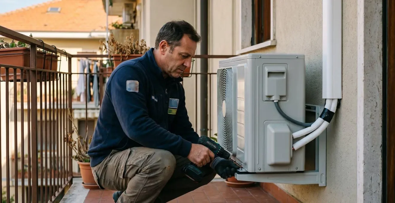 Unità esterna di pompa di calore installata su staffa a muro in un piccolo balcone condominiale italiano