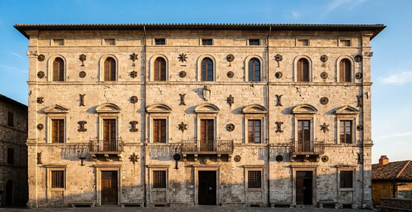 Vista ampia di facciata storica italiana con tiranti metallici e capochiave decorativi installati