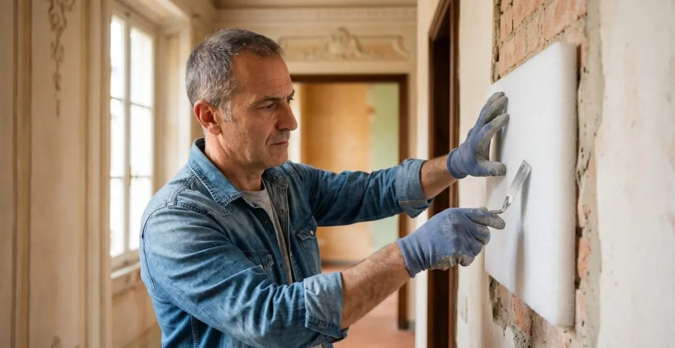 Dettaglio dell'applicazione di pannelli isolanti interni su parete condominiale con elementi architettonici storici