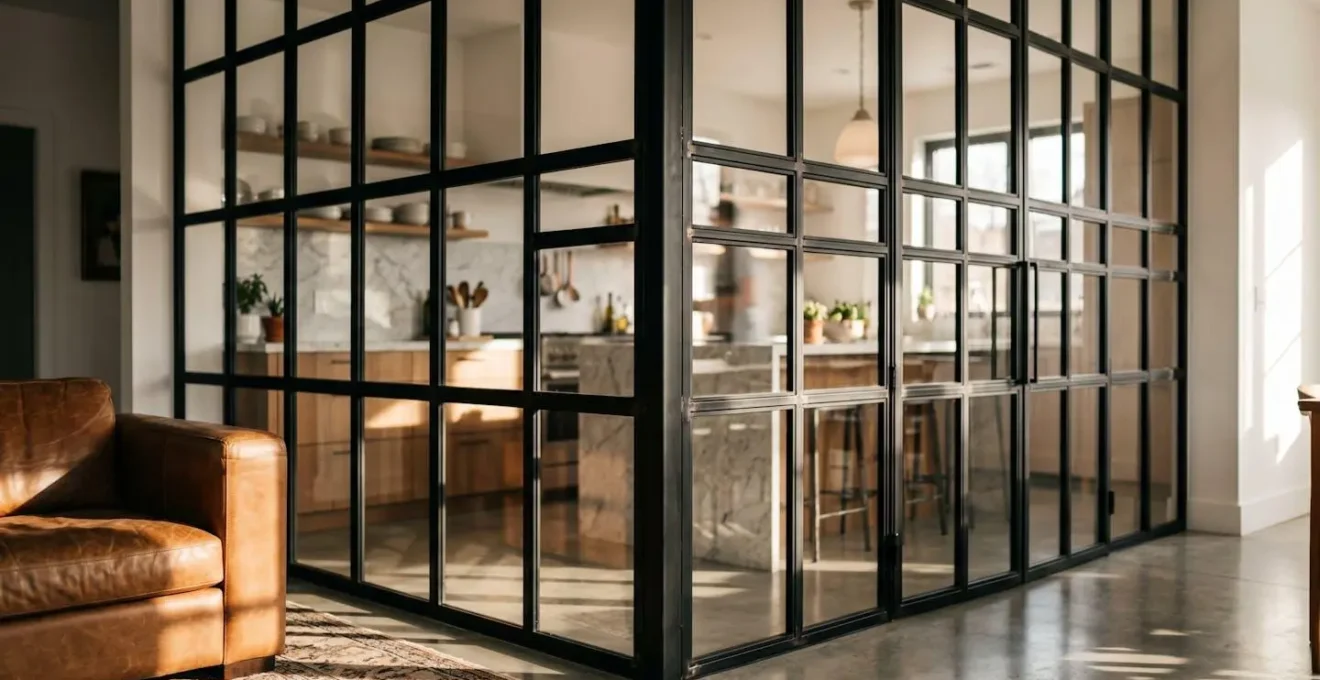 Parete vetrata in ferro nero che divide cucina e soggiorno in stile industriale