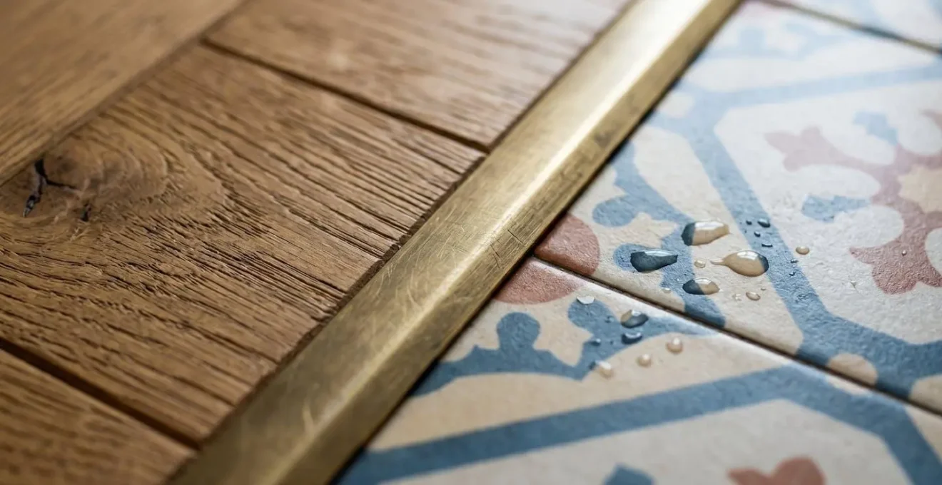 Dettaglio della transizione tra parquet e piastrelle in un open space cucina