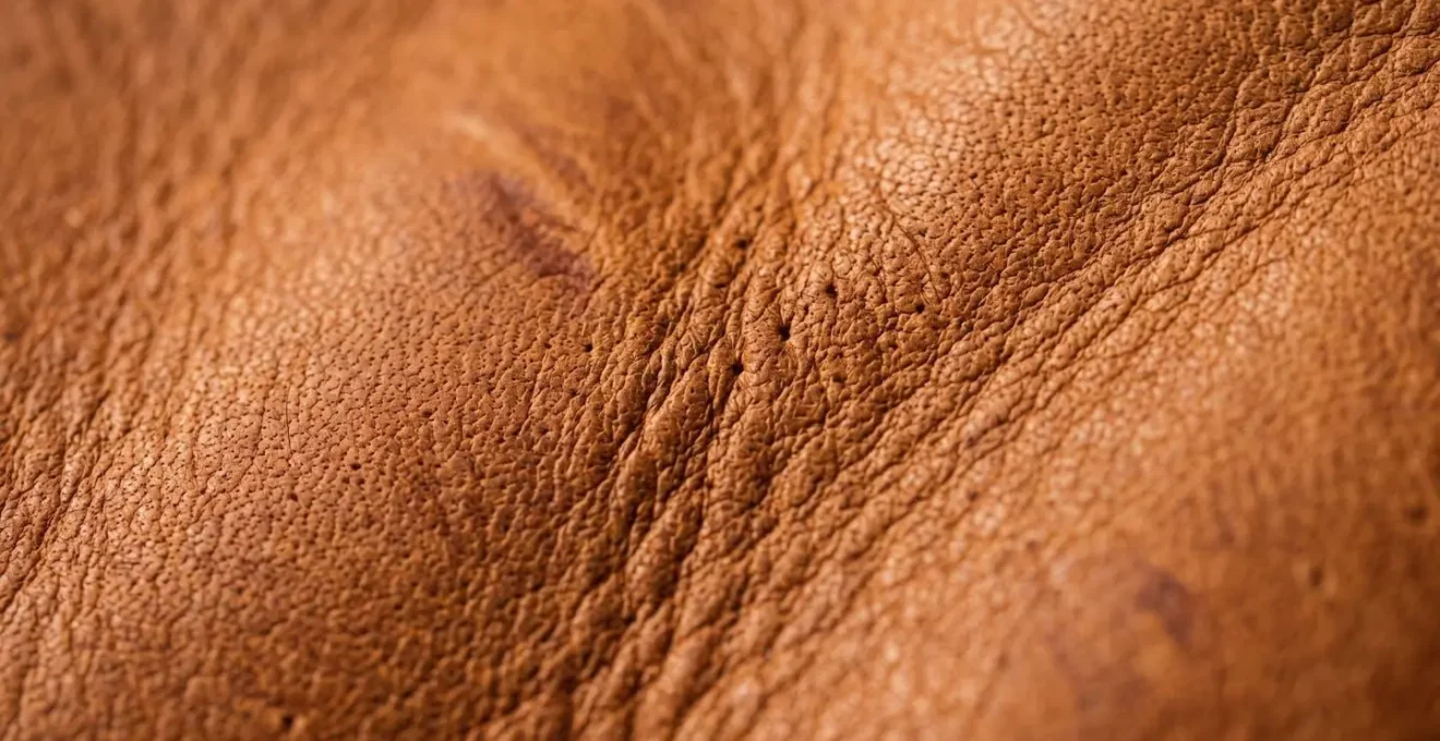 Dettaglio macro della texture naturale di pelle pieno fiore italiana con pori visibili