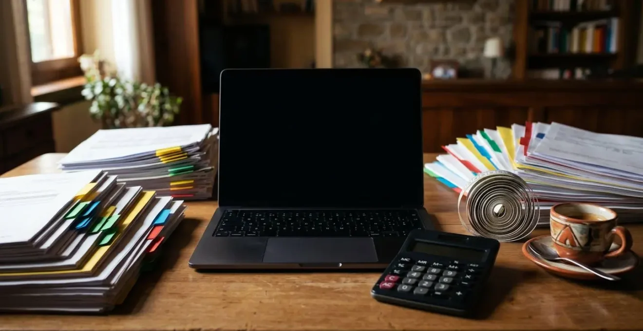 Computer portatile con documenti fiscali organizzati per la pratica ENEA
