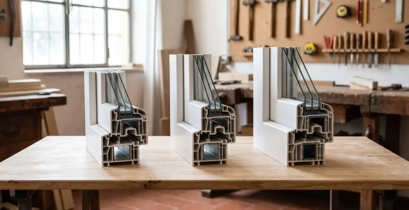 Confronto visivo tra profili PVC a 3, 5 e 7 camere con valori di isolamento