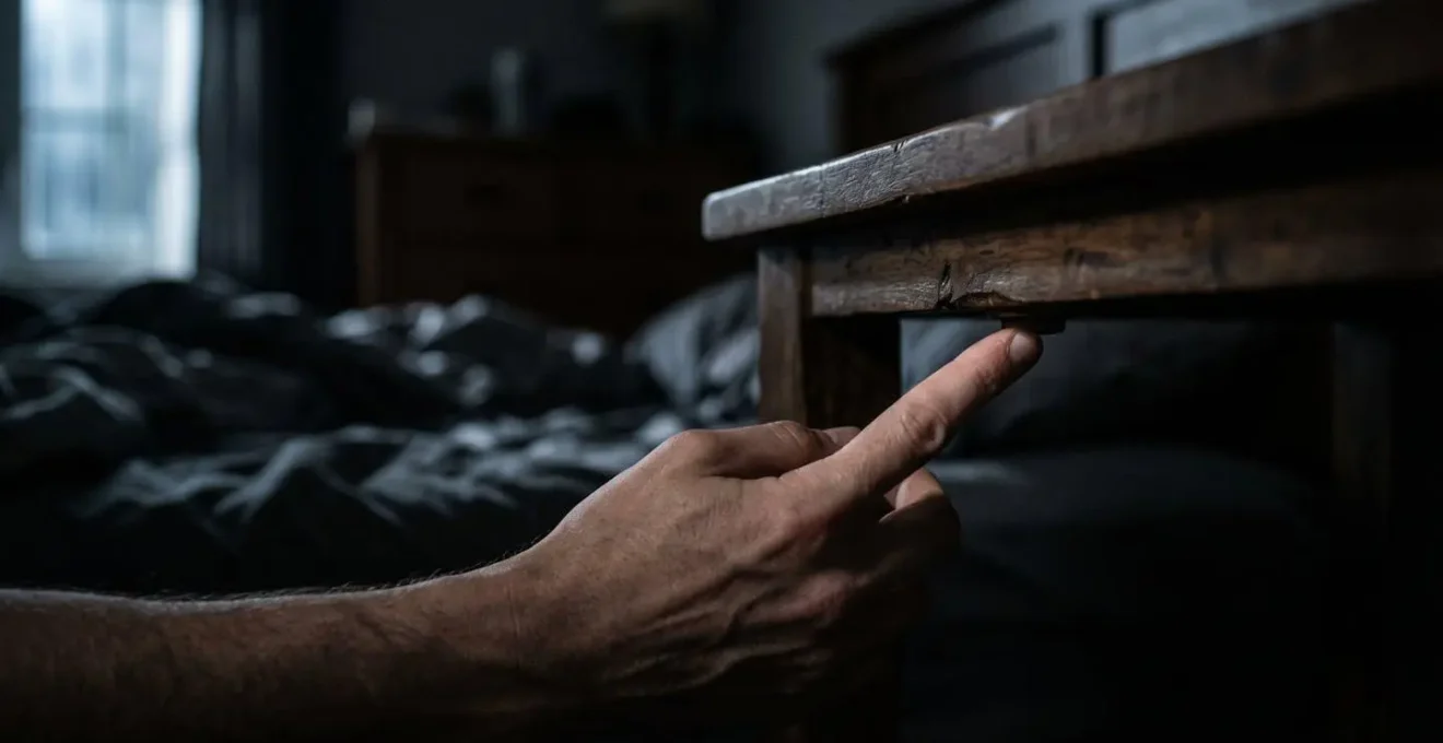 Mano che preme discretamente un pulsante nascosto sotto il comodino per attivare il sistema di sicurezza